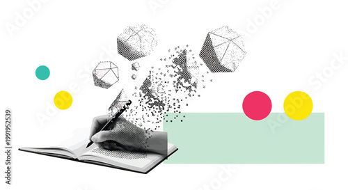 Creative ideas, imagination, and inspiration concept, book with geometric shapes exploding out, colorful circles, educational background