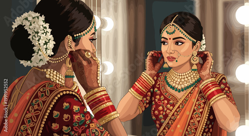 Beautiful Indian woman in traditional attire adjusting her intricate earrings in a mirror