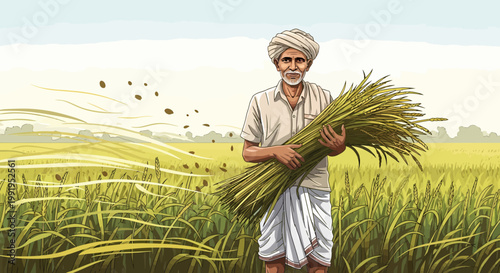Elderly Indian farmer proudly holding freshly harvested crops