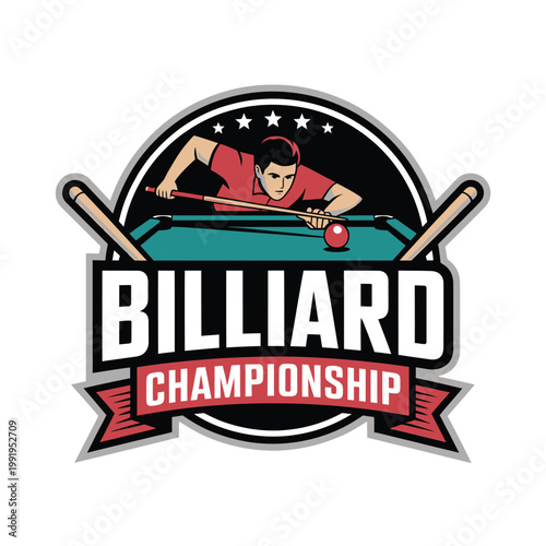 A vintage style logo featuring a billiards player and championship text
