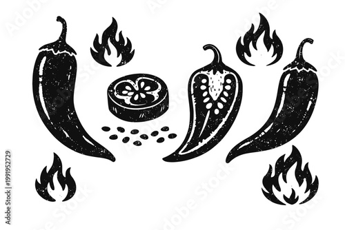 Hand-drawn black chili pepper vector illustration set featuring whole, sliced, and half peppers, seeds, and fire flames in a grunge linocut style for spicy food menu design and organic vegetable.