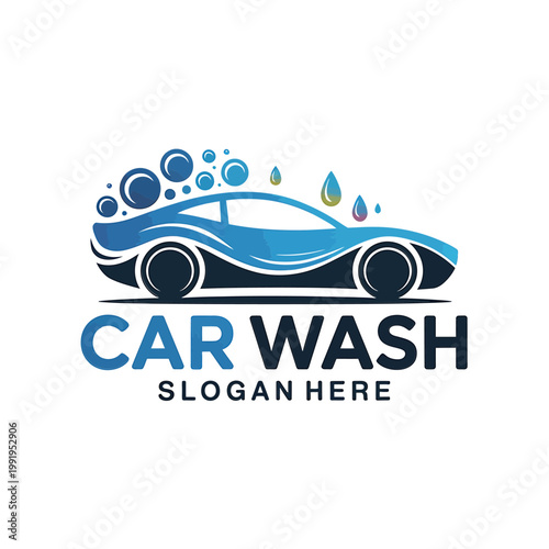 Modern car wash logo design featuring a vehicle silhouette and bubbles