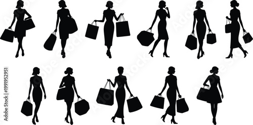 Fashion silhouettes, stylish shoppers, walking with shopping bags, elegant poses, retail lifestyle, consumerism concept, trendy clothing, modern fashion illustration, commerce
