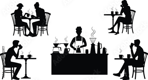 Coffee shop silhouette, barista serving drinks, steaming cups, café tables, social lifestyle, people drinking coffee, daily routine, beverage illustration, black design