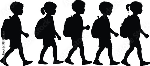Children walking to school silhouette, kids with backpacks vector, student group routine illustration, education concept, childhood journey, daily activity design