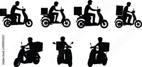 Delivery rider scooter silhouettes, food courier motorcycle icons, urban transport logistics, fast shipping service illustration, black vector delivery scooter artwork