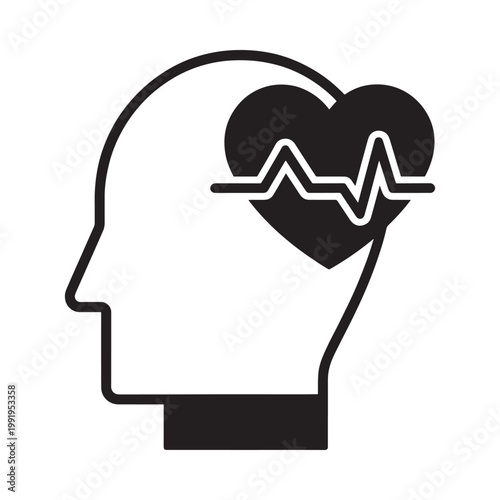 A black outline of a human head containing a heart with an ekg rhythm