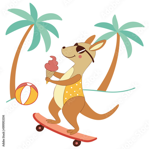Cute Cheerful Kangaroo, accessorized with riding a skateboard, in a Summer Vacation world – Beach Bliss palette vector