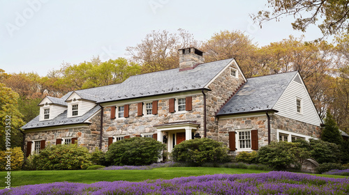 A large stone house with a gray roof and purple flowers in the front yard