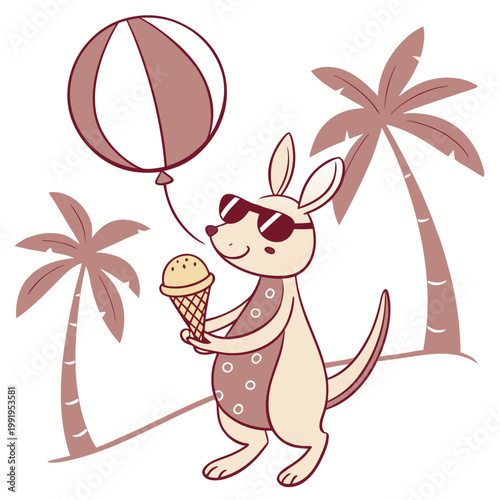 Bashful expression on a Kangaroo in a Summer Vacation theme, with with a balloon – Beach Bliss vector art