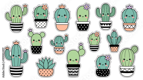Cute kawaii cactus and succulent sticker set with smiling faces in decorative pots isolated on white background, concept for stationery design, digital planner stickers and nursery decor