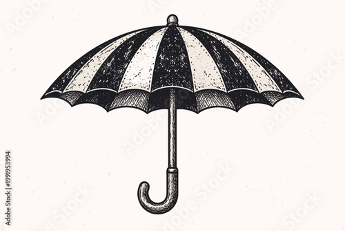 Vintage hand drawn umbrella illustration with black and white stripes and distressed texture, classic parasol sketch for retro design, weather protection symbol, isolated on textured background.