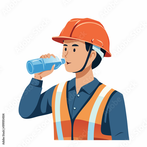 水分補給をする男性作業員のフラットイラスト（アップ）
