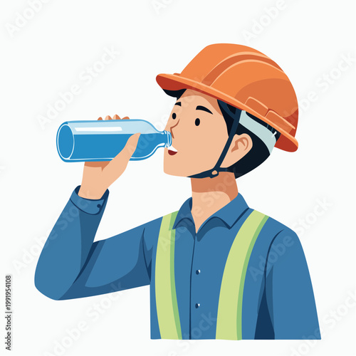 水分補給をする男性作業員のフラットイラスト（アップ）