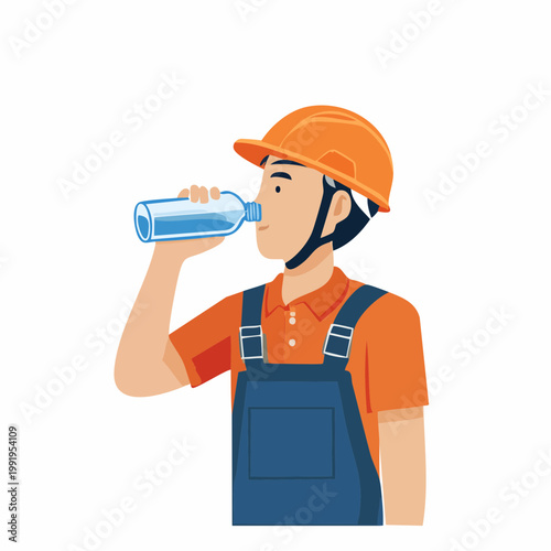 ヘルメットを被って水分補給をする男性作業員のフラットイラスト