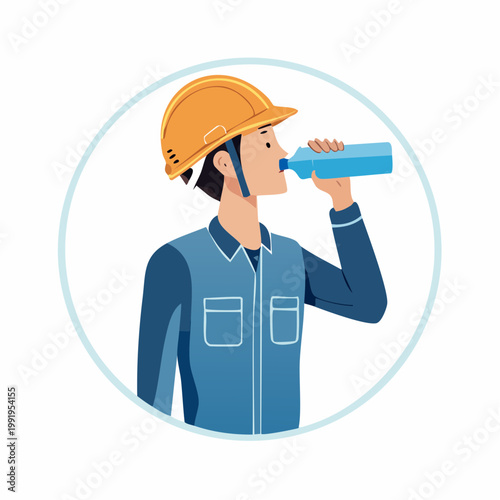 ヘルメットを被って水分補給をする男性作業員のフラットイラスト