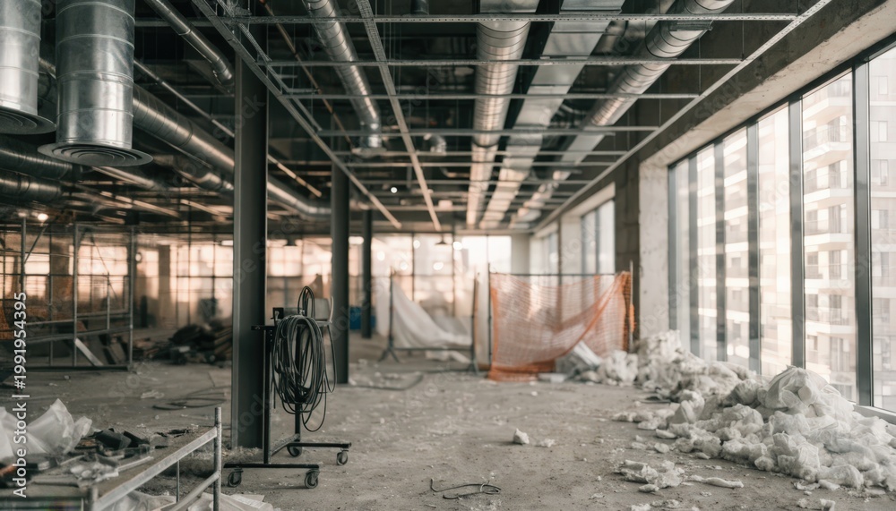 Fototapeta premium Partially constructed office space in medium shot showcasing an open ceiling grid and steel columns with blurred architectural window lines for an unfinished professional setting.