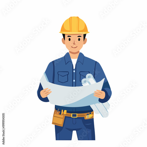 図面を持って確認する男性作業員のフラットイラスト