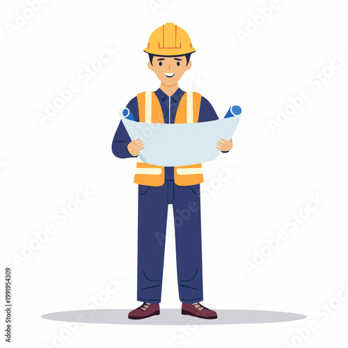図面を持って確認する男性作業員のフラットイラスト