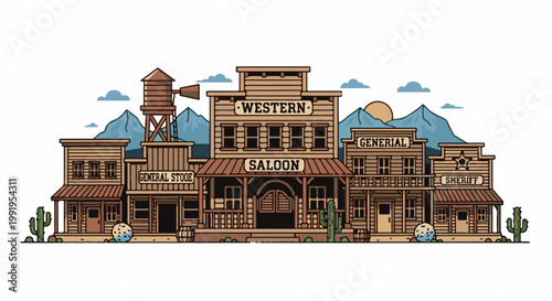 A charming cartoon depicts a classic Wild West town with wooden buildings and desert flora