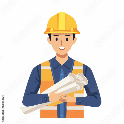 図面を持つ男性作業員のフラットイラスト（アップ）