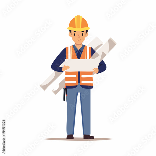 図面を持って確認する男性作業員のフラットイラスト