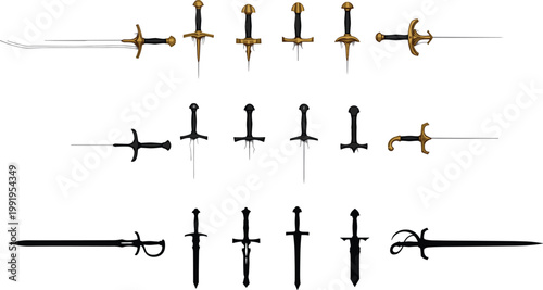 Medieval Fantasy Sword and Dagger Icon Set Featuring Golden Hilt Rapiers Knightly Longswords and Dark Silhouettes for Role Playing Game Combat and Historical Weaponry Graphic Design