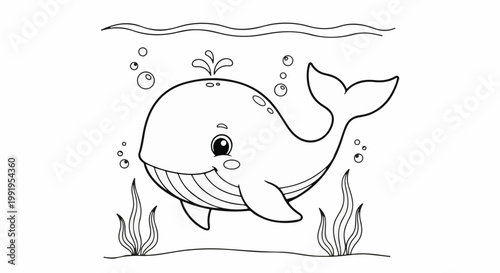 A cheerful cartoon whale blows water while swimming underwater amongst seaweed and bubbles