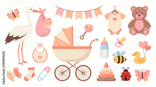 Adorable baby shower icons featuring a stork carrying infant, vintage stroller and nursery toys on white background, concept for nursery decoration, greeting card and childhood celebration