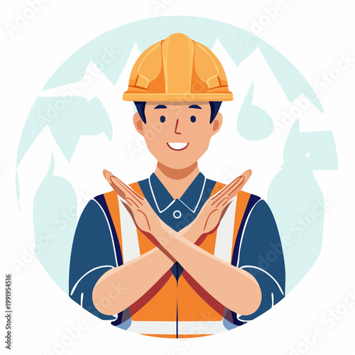 腕でバツ印を作る男性作業員のフラットイラスト