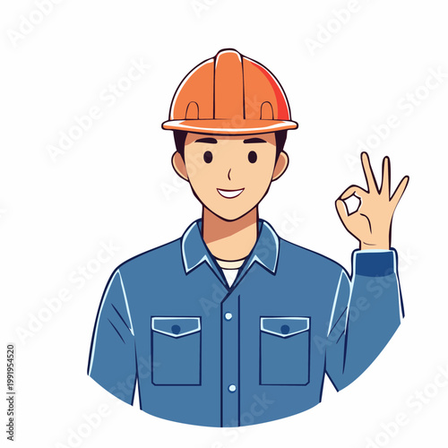 手でOKサインを作る男性作業員のフラットイラスト（アップ）