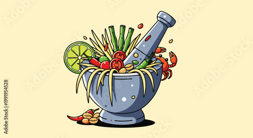 A cartoon mortar and pestle filled with papaya salad ingredients