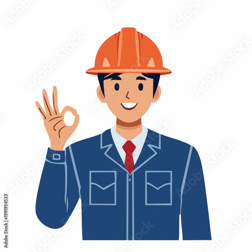 手でOKサインを作る男性作業員のフラットイラスト（アップ）