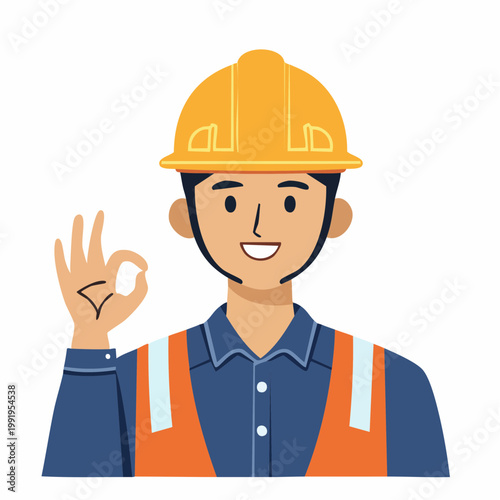 手でOKサインを作る男性作業員のフラットイラスト（アップ）