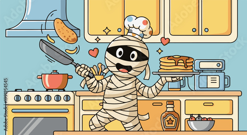 A cheerful mummy chef joyfully prepares pancakes in a whimsical kitchen