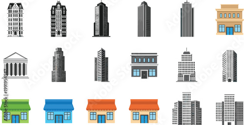 Modern City Building and Real Estate Icon Set Featuring Skyscraper Apartments Office Towers Classical Government Architecture and Colorful Retail Shop Fronts for Urban Graphic Design