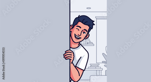 A cheerful man peeks around a wall, winking with a wide smile, in a bright room