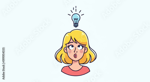A cartoon of a blonde woman looking up with a lightbulb glowing above her head