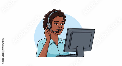 A cartoon of a smiling person with a headset and computer for customer service