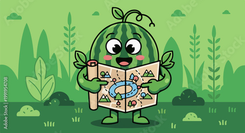 A cheerful watermelon character holds a map and points to its features in a lush green setting