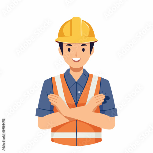 腕でNGサインを出す男性作業員のフラットイラスト