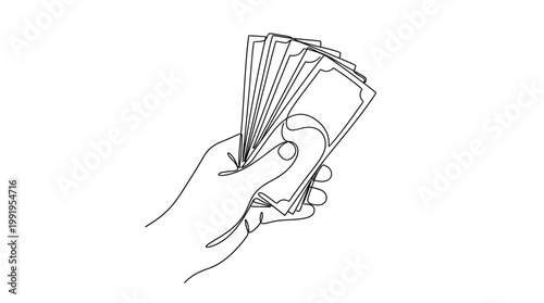 Continuous one line drawing of a human hand holding a fan of paper money bills on white background, concept for financial wealth management, salary payment and bank loan application