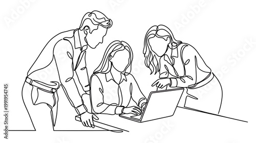 Continuous line drawing of project manager and analysts collaborating on laptop at office desk, concept for professional teamwork, business strategy planning and digital workspace marketing