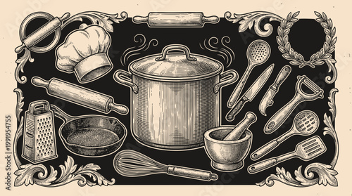 Vintage hand-drawn engraving of various kitchenware tools like pot, rolling pin and chef hat with ornate frame, concept for restaurant menu design, culinary school branding and cookbook cover