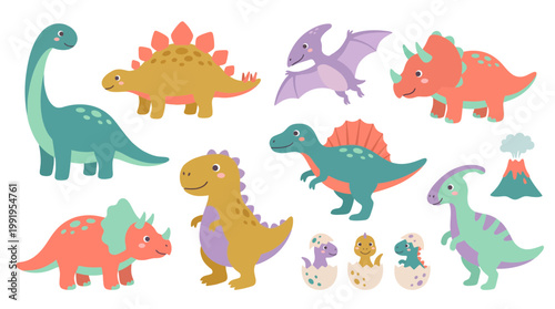 Set of cute cartoon dinosaur characters including Tyrannosaurus, Triceratops and Brachiosaurus with hatching eggs, concept for kids education, nursery decor and prehistoric party invitation