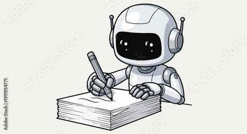 A cartoon robot with antennae, holding a pencil and writing on a stack of papers