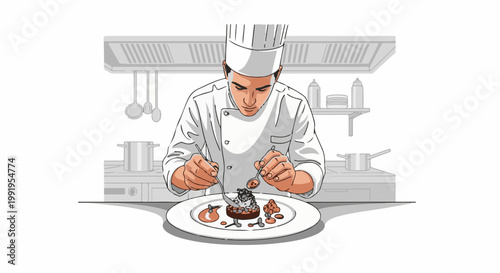 A chef in a white uniform carefully plates a gourmet dish in a professional kitchen setting