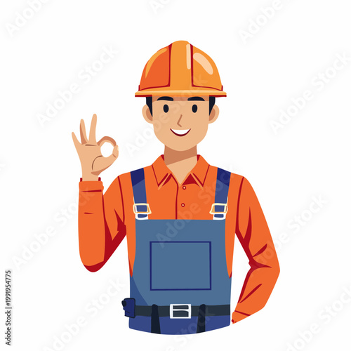 ヘルメットを被ってOKサインを出す男性作業員のフラットイラスト