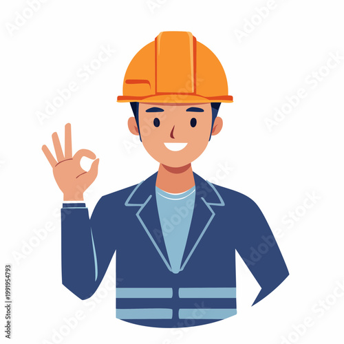 ヘルメットを被ってOKサインを出す男性作業員のフラットイラスト