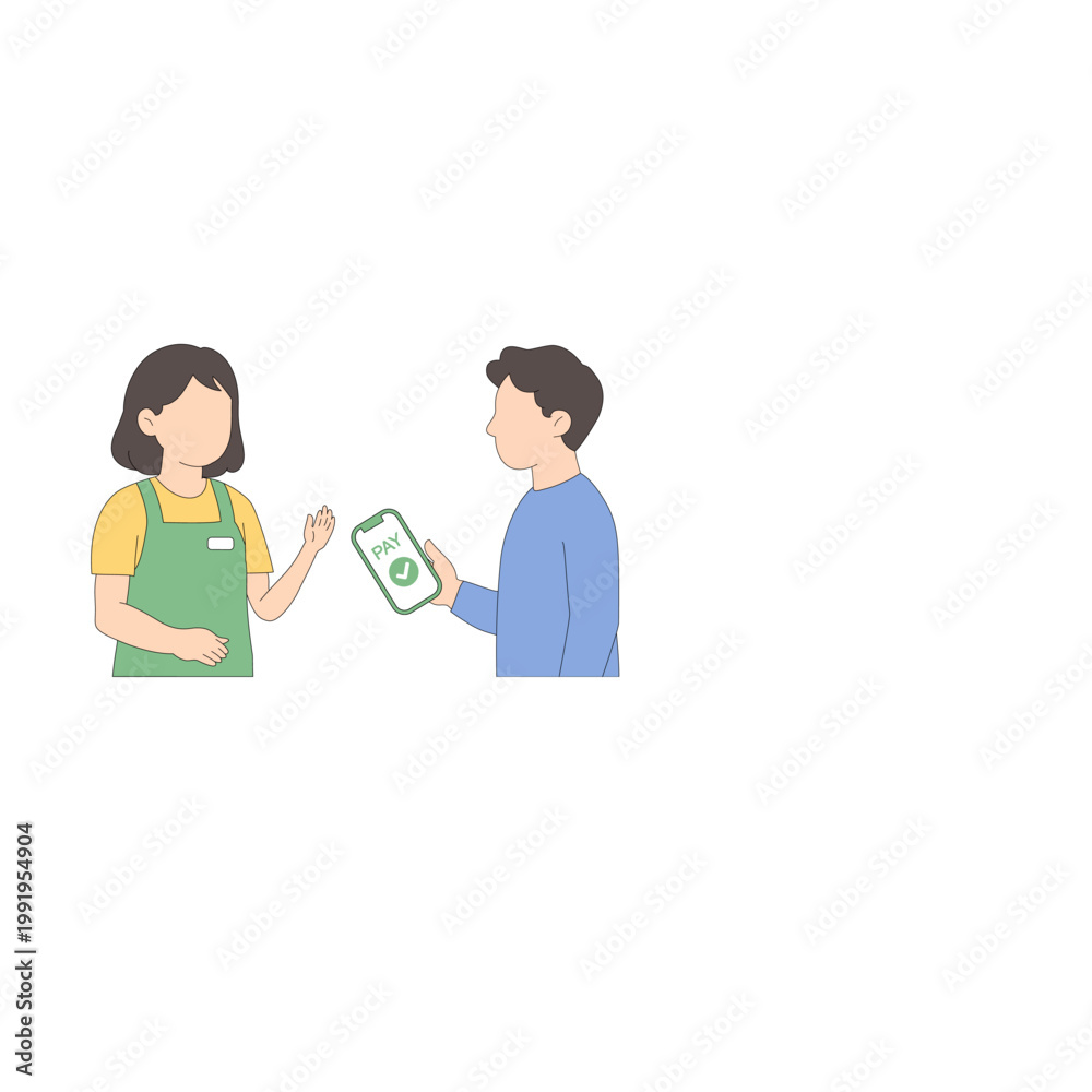 Fototapeta premium Mobile payment interaction between customer and cashier flat vector illustration